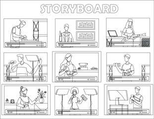 Obraz premium Video Production Storyboard Template with Content Creators and Filmmaking Scenes Vector Illustration