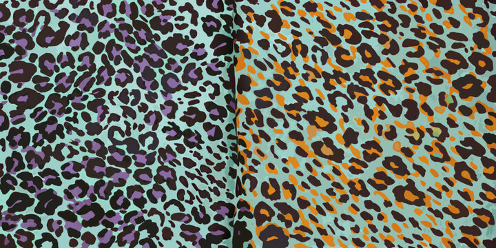 Colorful leopard print pattern with teal purple and orange hues