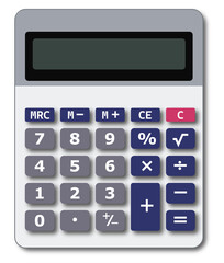 A digital electronic calculator icon with a black keypad and display isolated on a white background, used as an object for business accounting, finance math, and financial numbers calculation