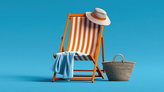 Orange and white striped folding beach chair with straw sunhat light blue towel and woven straw bag against solid bright blue background minimalist summer vacation