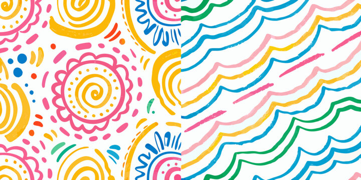 Colorful hand drawn squiggle pattern with floral and wave like elements