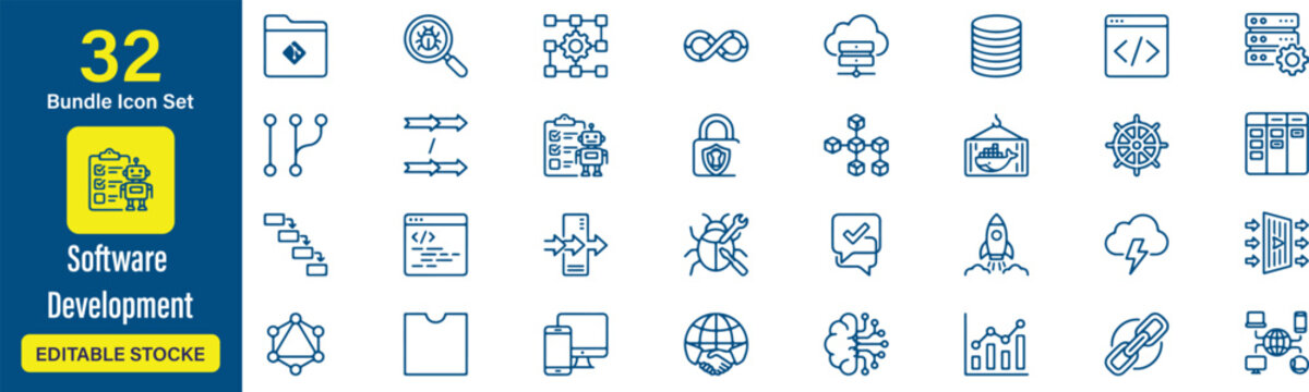 Set of 32 (Software Development Icons) Each icon will be different, create a vector outline icons using white background and black color.