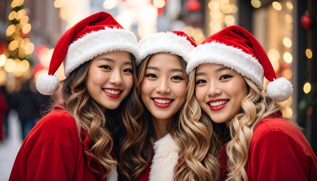 Three Asian women in Santa hats and red suits smile joyfully