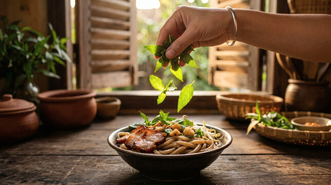Cao Lau Noodle Bowl Fresh Herbs Authentic Vietnamese Street Food