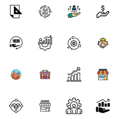 Obraz premium Modern Business and Startup Icons Set with Leadership, Strategy, Growth and Teamwork Symbols 2.eps