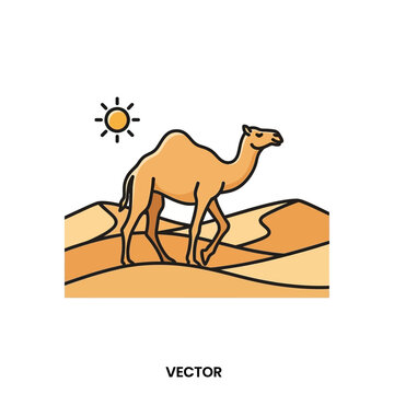 Camel walking in desert dunes under bright sun, flat design vector illustration.