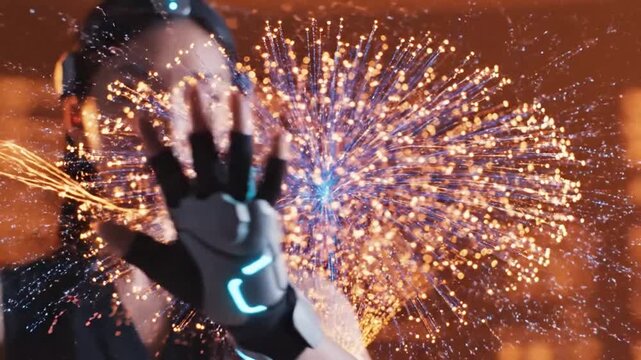 Asian woman using haptic gloves to interact with a glowing digital brain hologram in virtual reality.