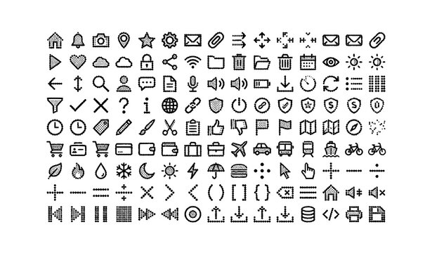 Black dotted pixel halftone vector icon set, retro web and UI interface minimal symbols isolated on white background