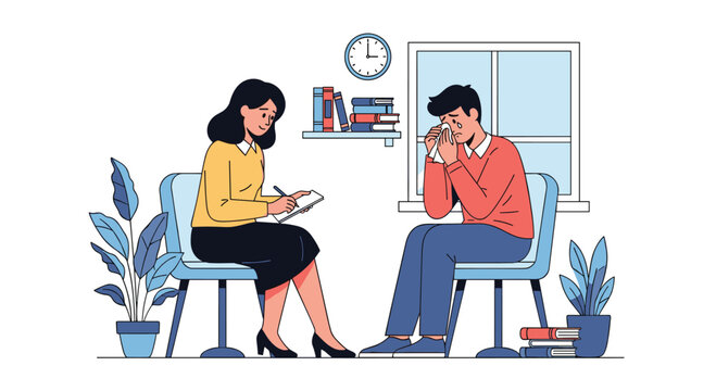 Professional counseling session with a female therapist taking notes as a man cries into a tissue in distress.