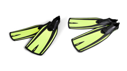 Bright neon yellow swimming fins for snorkeling and scuba diving with flippers swimming snorkeling equipment accessory recreation training exercise professional isolated © Adiba