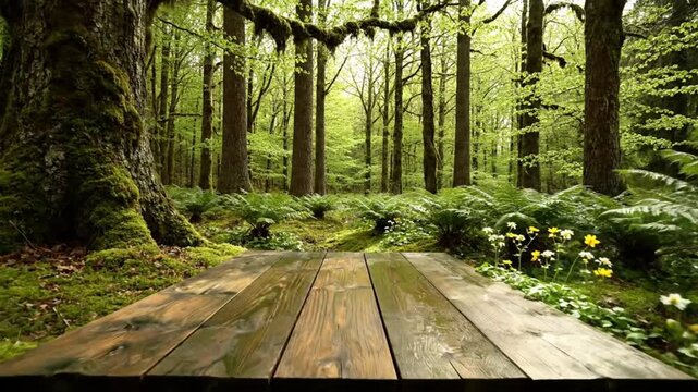 Wooden deck in vibrant forest setting with lush green foliage, ferns, and dappled sunlight, creating a tranquil ambiance