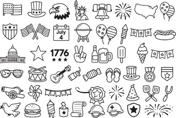 Fototapeta premium 50 USA Independence Day Line Icons Set – Fourth of July Outline Vector Collection, American Patriotic Symbols Pack