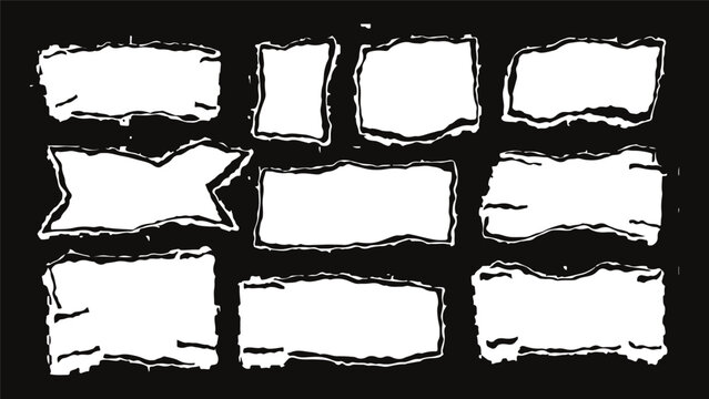 Grunge torn paper edges and ripped cardboard silhouettes, 12 black distressed paper texture elements, rough deckle edge vector