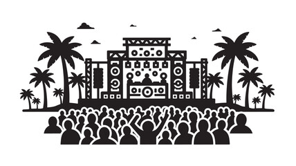 Obraz premium Black Silhouette Of People Dancing At Tropical Outdoor Music Festival With DJ