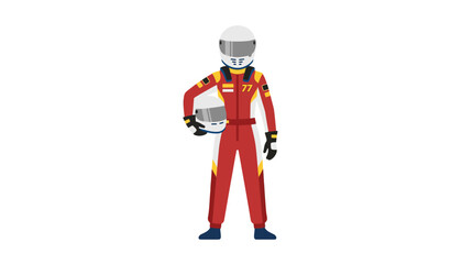 Obraz premium Formula 1 Racing Driver Standing with Helmet, Red and Yellow Suit, White Background