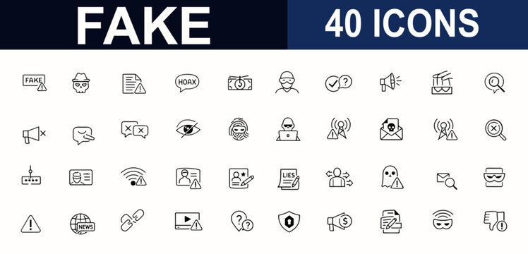 Fake web icons in line style set. Scam alert, fraud shield, phishing profile, rumor signal, forgery mask, propaganda media. Editable stroke. Vector illustration.