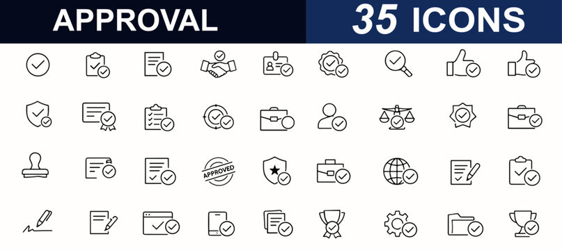 Approval web icons in line style set. Certified stamp, contract signature, compliance checkmark, handshake consent, authorization badge. Editable stroke. Vector illustration.