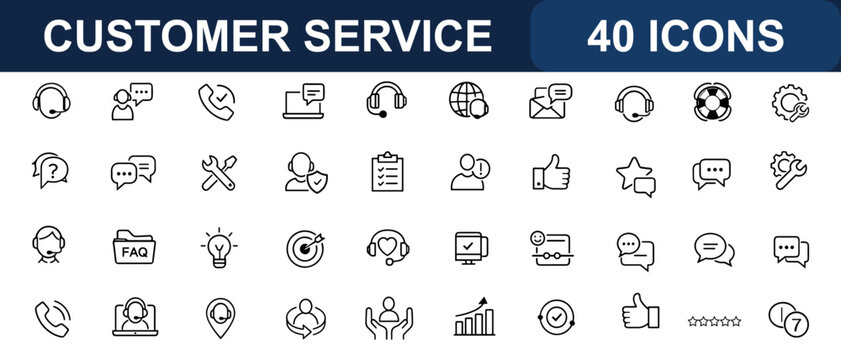 Customer service web icons in line style. Headset operator, support chat, client help, feedback system, assistance call center, satisfaction rating. Editable stroke. Vector illustration.