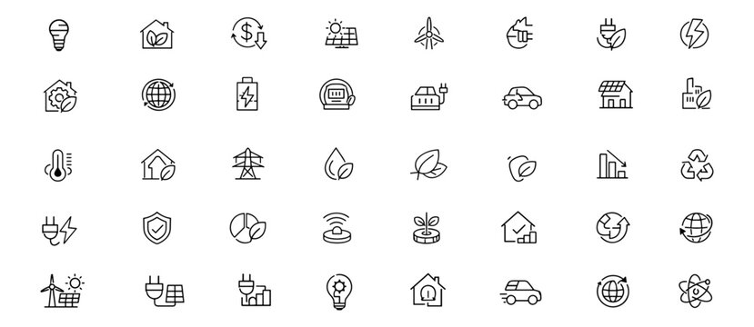 Energy efficiency web icons in line style. Light bulb saving, renewable power, home insulation, smart meter, solar panel, cost reduction, climate audit. Editable stroke. Vector illustration.