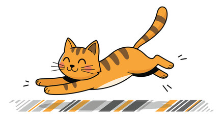 Fototapeta premium Playful orange tabby cat stretching its body forward on a striped rug while showing a happy and content expression.