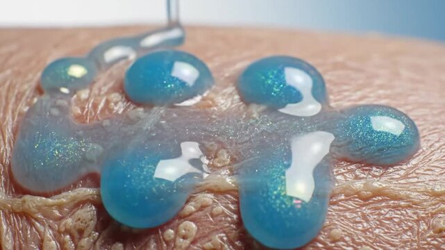 Close up view of applying hydrating blue serum drops on human skin for moisture and skincare purposes