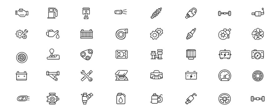 Automotive car parts web icons in line style. Engine, piston, gearbox, brake system, tire, battery, fuel pump, chassis, radiator, mechanic. Editable stroke. Vector illustration.