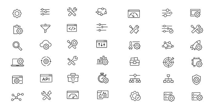 Configuration and settings web icons in line style. Gear control panel, workflow automation, system maintenance, software management, dashboard tools. Editable stroke. Vector illustration.