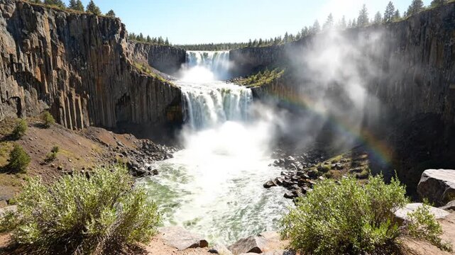 Scenic View of Majestic Twin Waterfalls Cascading into a Rocky Gorge with Rainbow and Lush Greenery