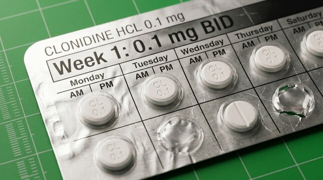 Close-up of Clonidine 0.1 mg BID medication blister pack on green textured surface