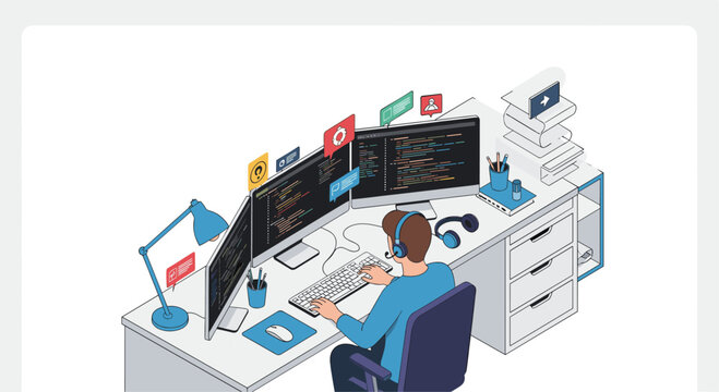 Busy professional software developer working at a computer desk with multiple monitors showing lines of code.