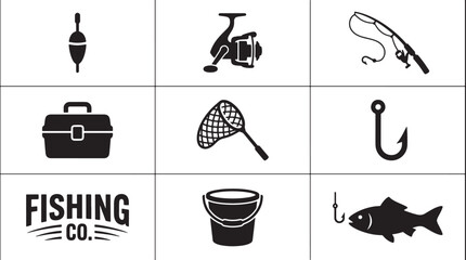 Fishing equipment and tackle gear solid silhouette icons set with marine sport badges © Open Expression