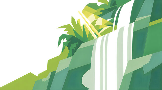 A minimalist geometric illustration of a lush waterfall in a tropical environment