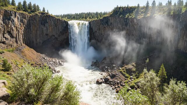 Majestic waterfall cascading down cliffs into a river, surrounded by lush vegetation in a scenic landscape under a sunny sky
