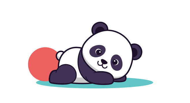 Adorable baby panda lying comfortably on its side with a big red ball on a soft turquoise surface for nursery art.