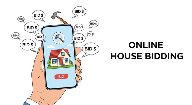 Hand holding a smartphone displaying an online house bidding application with multiple bid notifications and auction hammers.