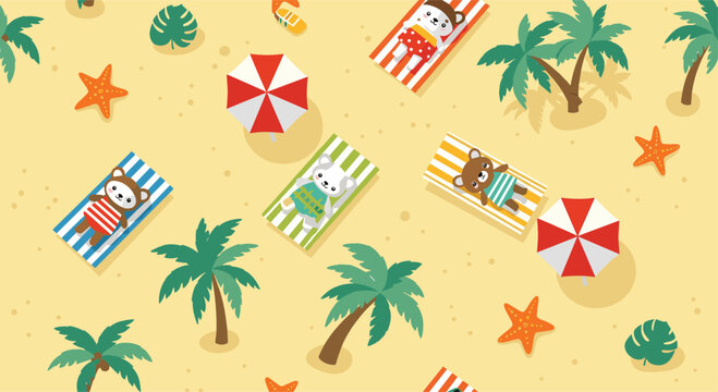 Seamless summer pattern of cute bears and cats sunbathing on striped towels on a sandy beach with palm trees and starfish.