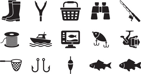 Fishing equipment and tackle gear solid silhouette icons set with outdoor marine symbols © Open Expression