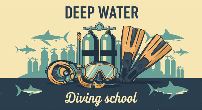 Professional scuba diving equipment set featuring oxygen tanks masks fins and snorkels for a deep water diving school banner.
