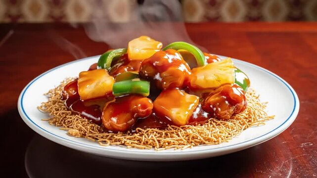 Sweet and Sour Chicken Served on Crispy Noodles, Steaming Freshly Prepared for Dinner