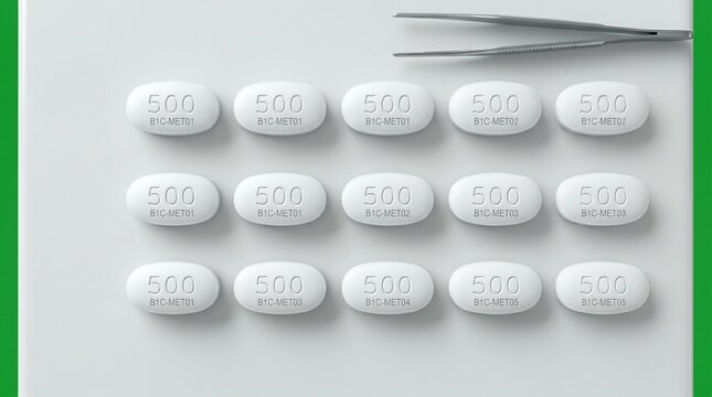 Macro View of White Metformin Pills Arranged in Rows with Tweezers
