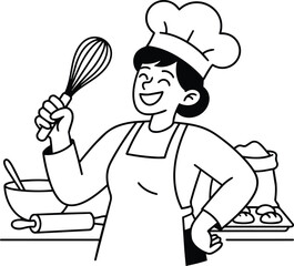 Naklejka premium baker character holding whisk happiness bakery and pastry people line illustration 