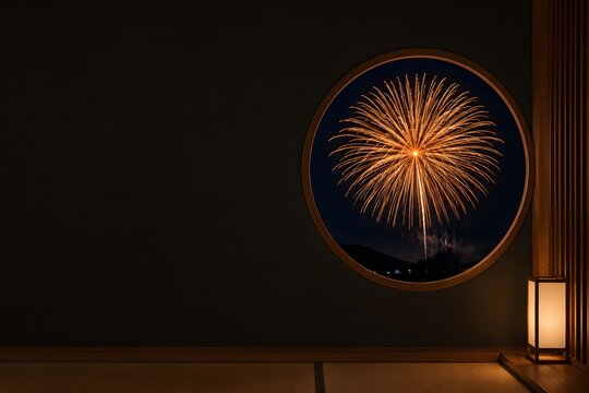 Traditional Japanese Round Window Framing a Golden Firework with Dark Wall Space