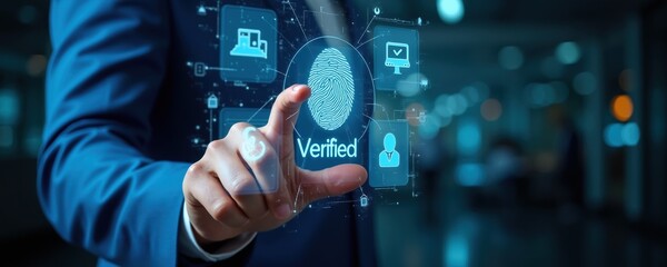 Fototapeta premium Man uses fingerprint scanner for digital identity verification on futuristic interface. Access granted to secure network via biometric scan. Futuristic cyber security authentication method used.