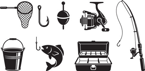 Fishing Equipment Icons Set, Vector Silhouette Fishing Tackle and Gear Elements © Open Expression