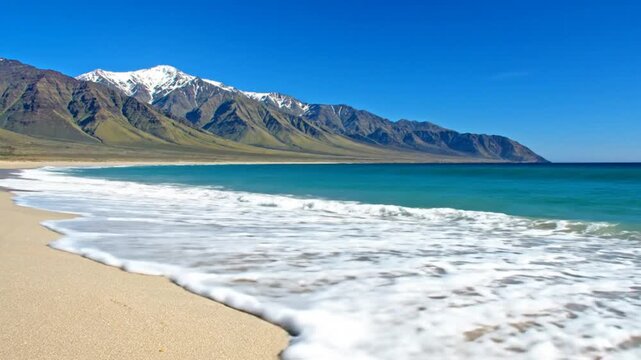 Turquoise ocean waves rolling onto a sandy beach with mountains in the background under a bright blue sky.