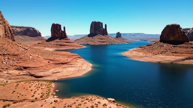 Scenic aerial view of Lake Powell in the Utah desert with red sandstone formations and a clear blue sky