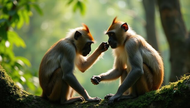 Two crab eating macaques groom each other on mossy tree branch. One primate checks fur of other monkey. Nature scene with animals in forest habitat. Wildlife behavior. Primate interaction.