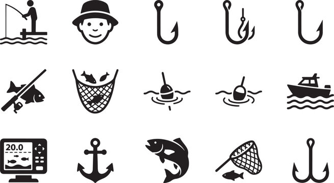 Fishing Icons Set, Vector Silhouette Fishing Tackle and Gear Elements