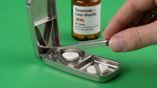 Hand holding medication pill organizer with diuretic tablets on green background