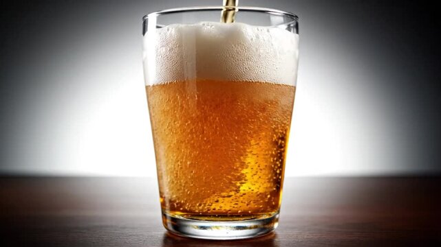 Close up view of golden amber beer being poured into a tall glass with foamy white head and bubbles on a wooden surface